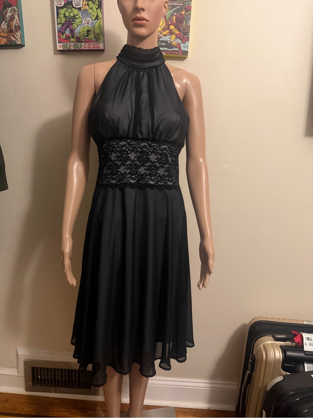 connected apparel Black Halter Midi Dress with Lace Waist